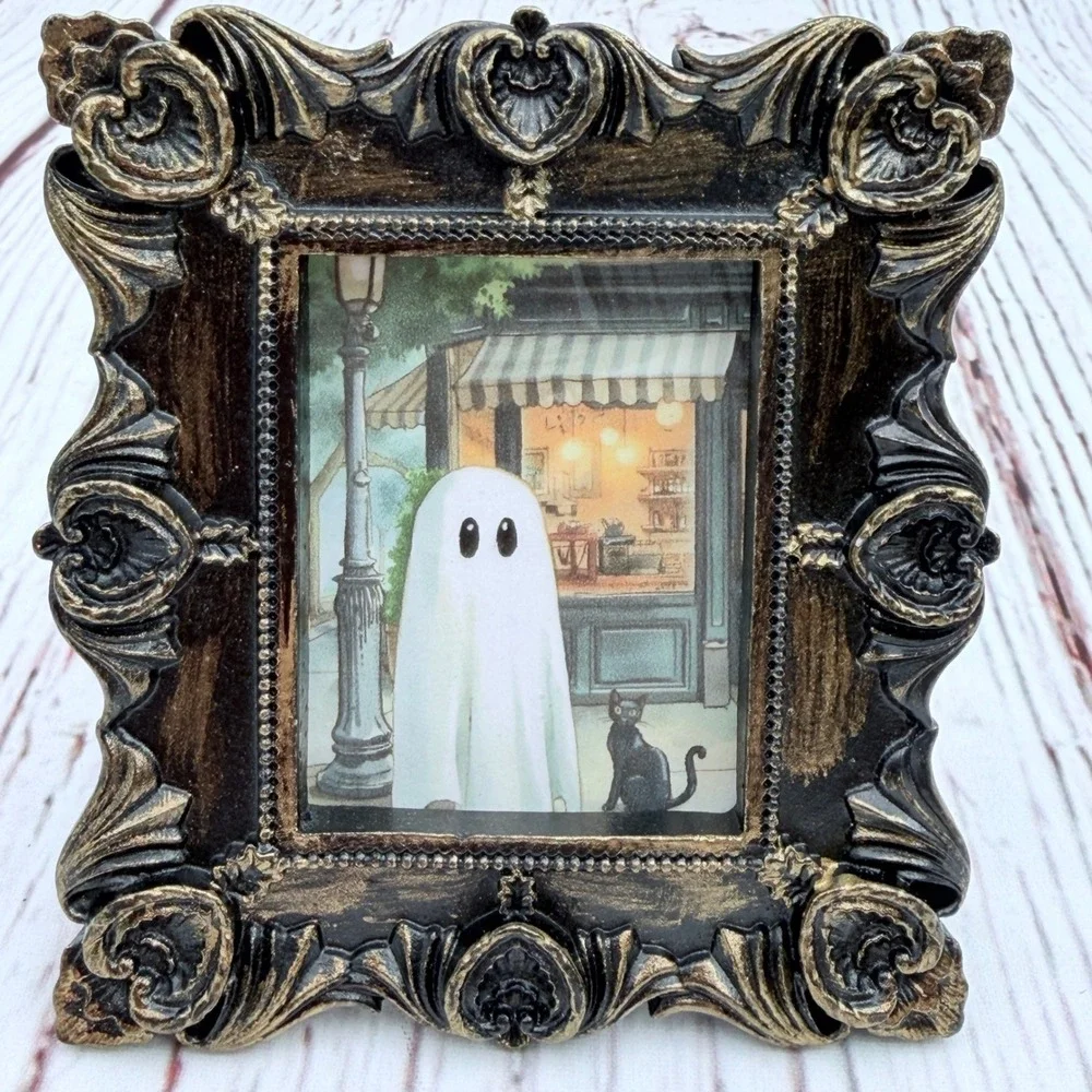 Miniature Ghost and Black Cat Art Print Ornate Gold Baroque Frame 3.5x3.25‎